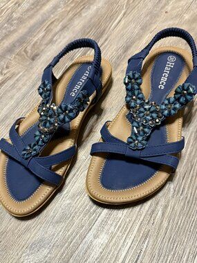 HARENCE - Sandals - Bohemian Rhinestone Floral Flats - BLUE - SIZE 7